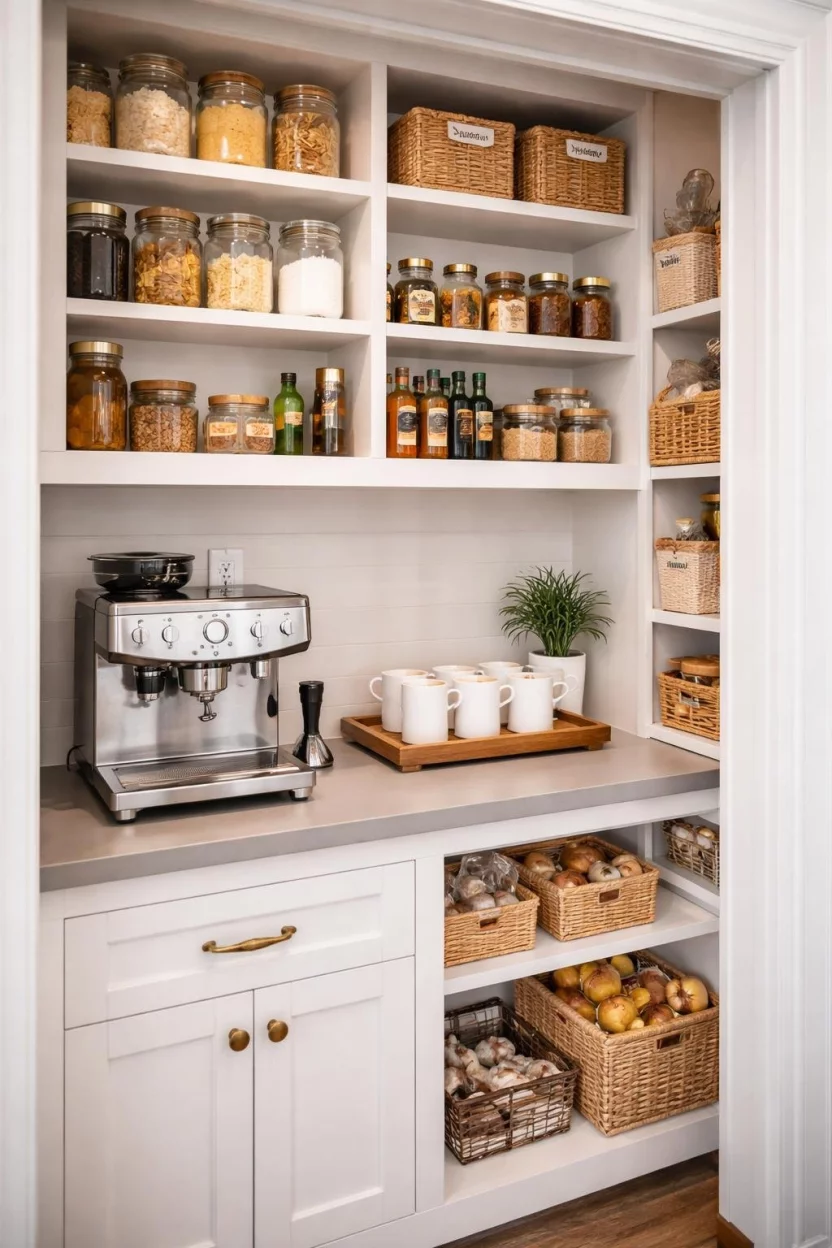 A realistic photo of a kitchen pantry with a small built in countertop holding a silver espresso machine and a tray of ceramic mugs.