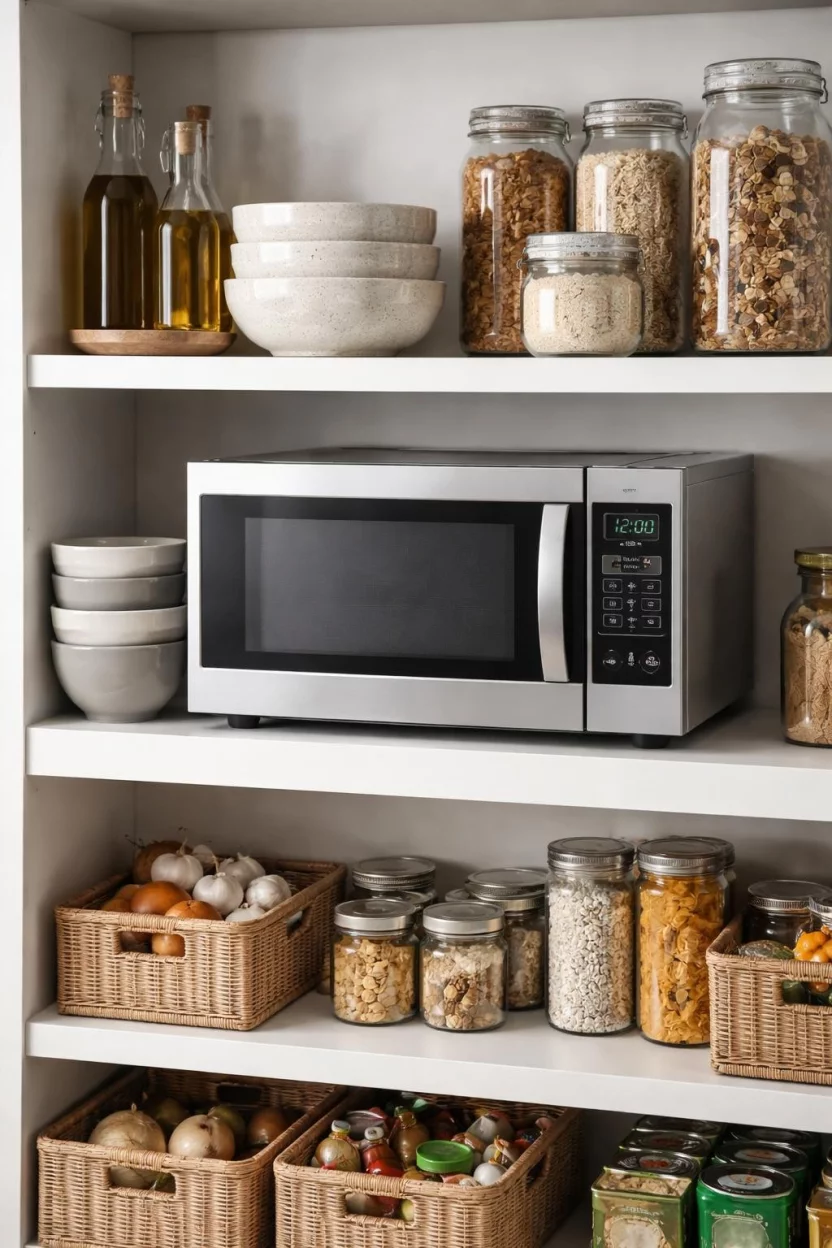 A realistic photo of a kitchen pantry with an open shelf housing a stainless steel microwave and nearby ceramic bowls.