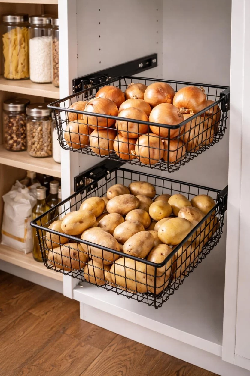 A realistic photo of a kitchen pantry featuring black metal wire baskets mounted on slides containing potatoes and onions.