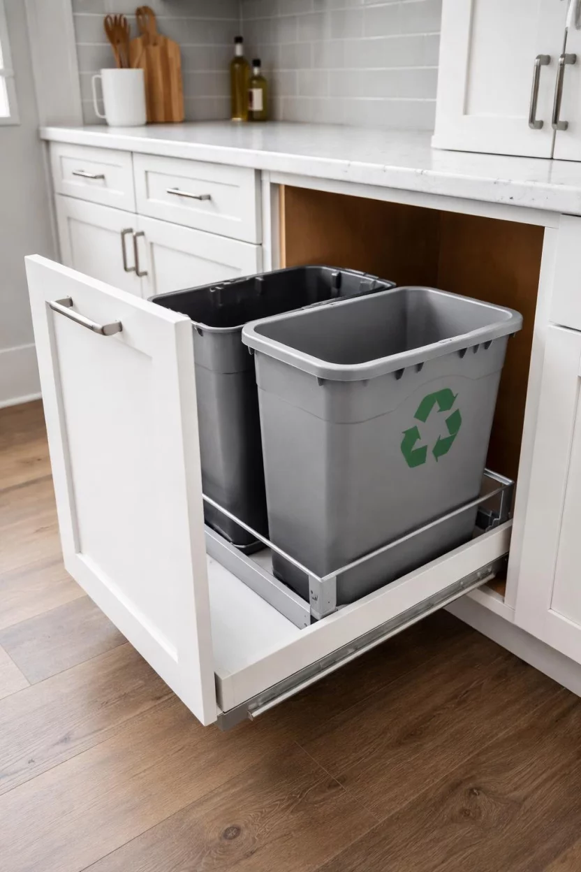 A realistic photo of a kitchen pantry lower cabinet with a pull out drawer housing two grey plastic trash and recycling bins.