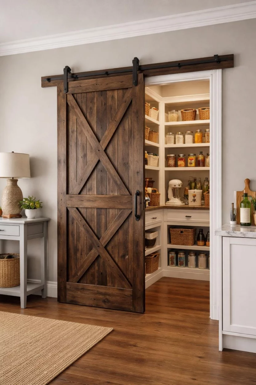 A realistic photo of a kitchen pantry entrance covered by a rustic dark wood sliding barn door with black metal hardware against a grey wall.