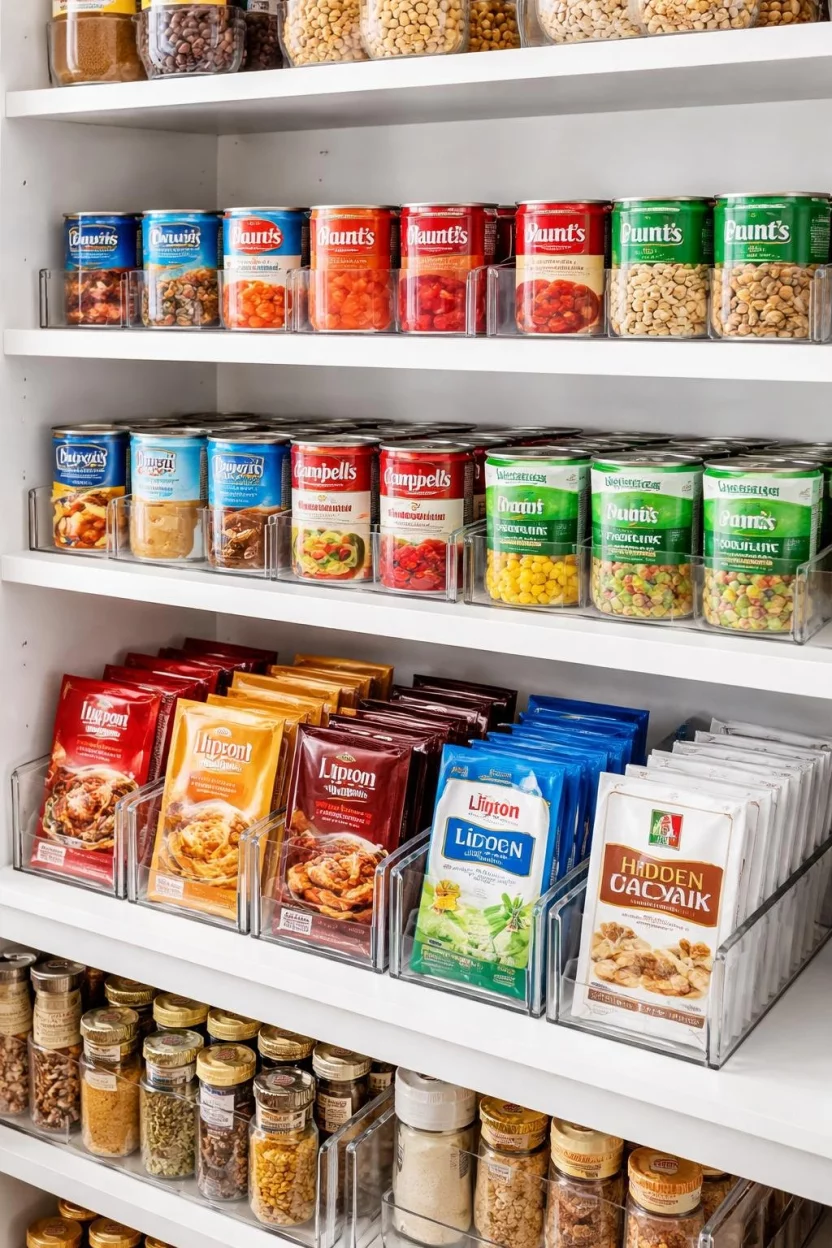 A realistic photo of a kitchen pantry with clear acrylic dividers on white shelves separating rows of canned goods and spice packets.