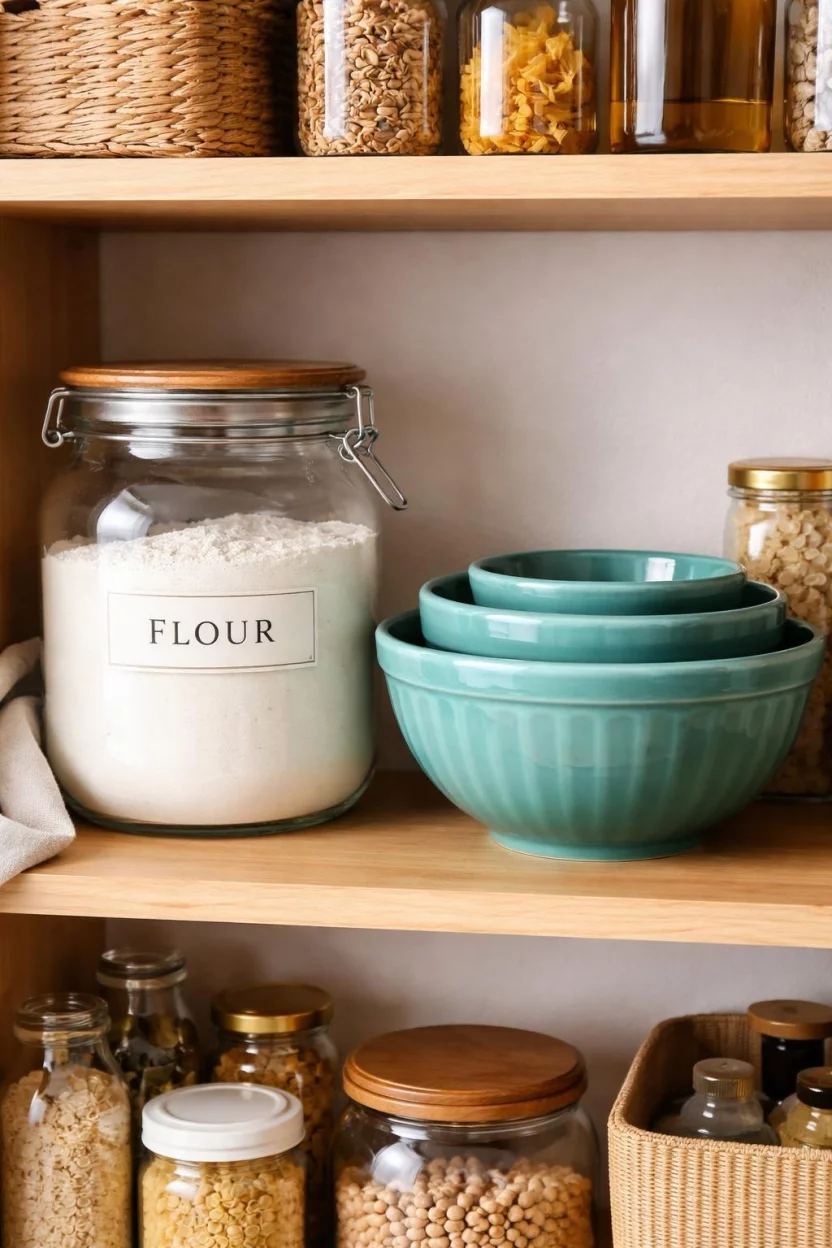 A realistic photo of a kitchen pantry shelf with a large glass flour canister and a set of nesting teal ceramic mixing bowls.