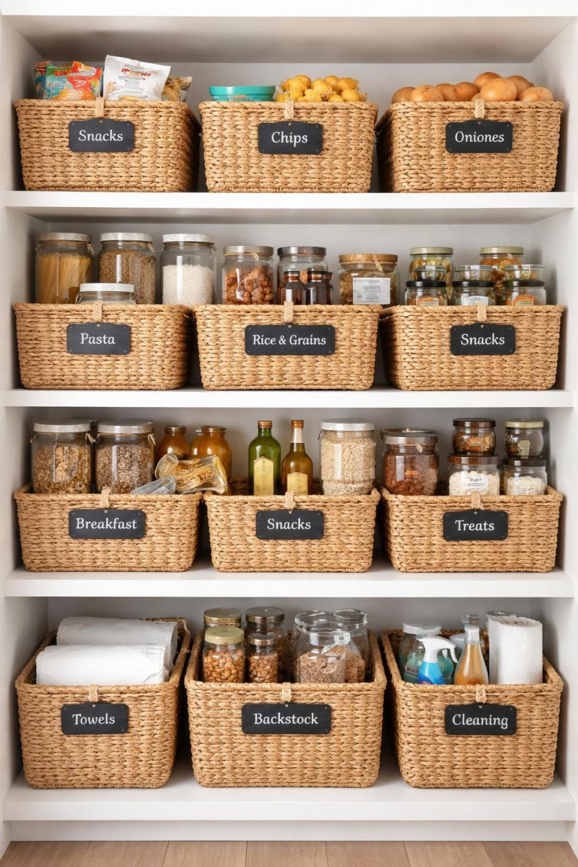 A realistic photo of a kitchen pantry filled with natural seagrass woven baskets labeled with chalk tags on white open shelving.