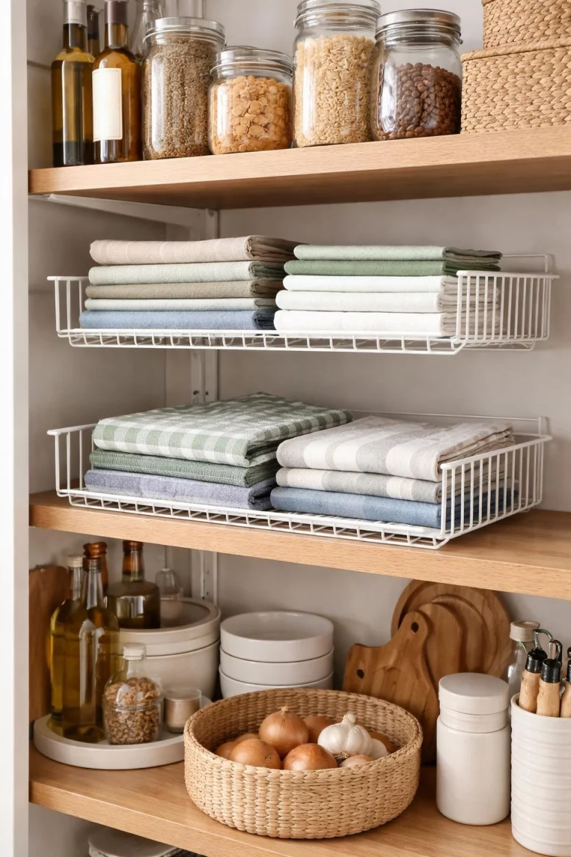 A realistic photo of a kitchen pantry with white wire under shelf baskets hanging from wooden shelves holding napkins and dish towels.