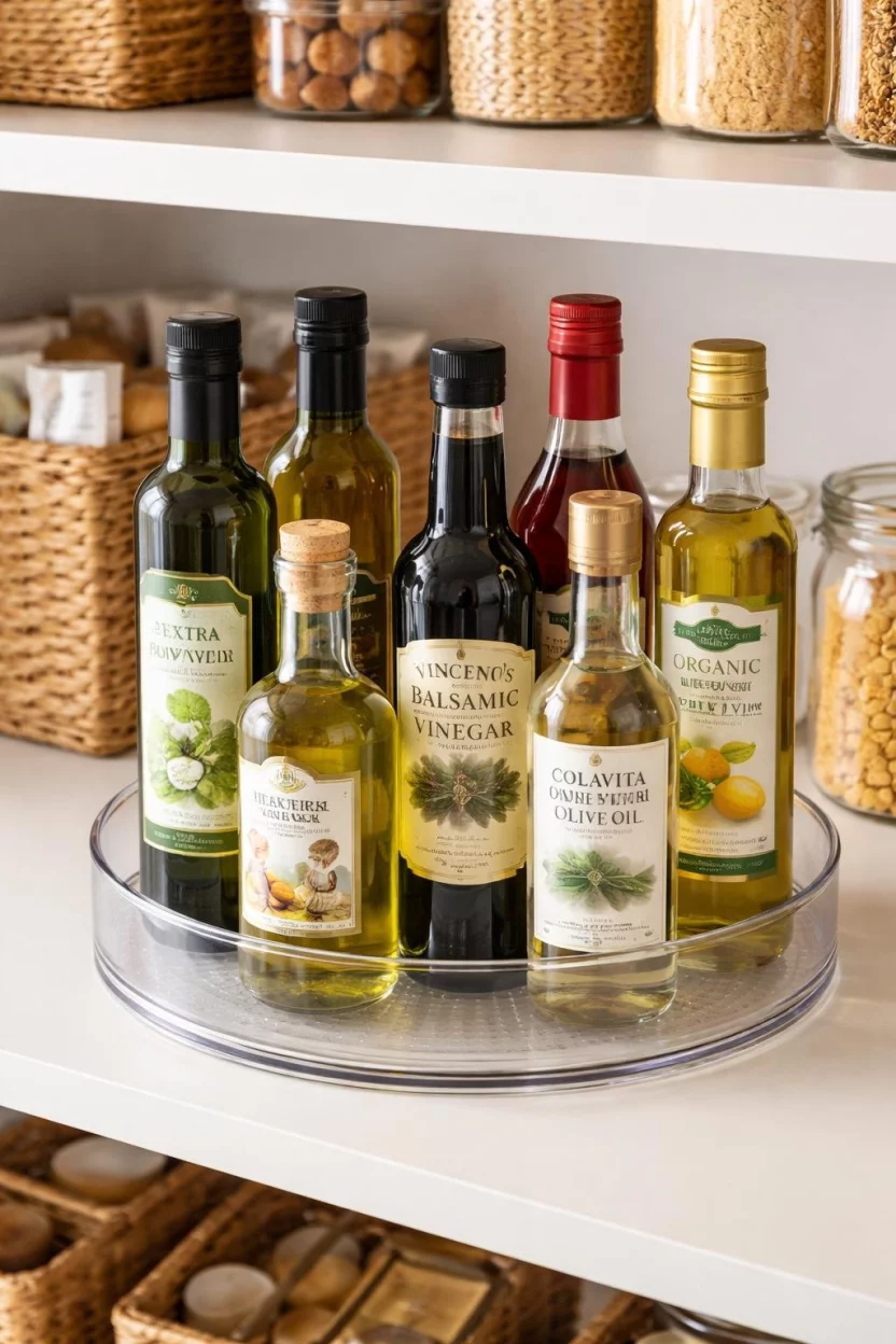 A realistic photo of a kitchen pantry shelf with a clear plastic lazy susan holding various bottles of olive oil and vinegar.