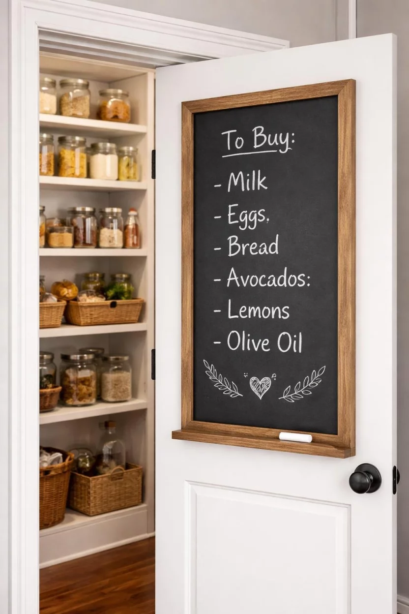 A realistic photo of a kitchen pantry door interior featuring a large black chalkboard with a wooden frame and white chalk writing.