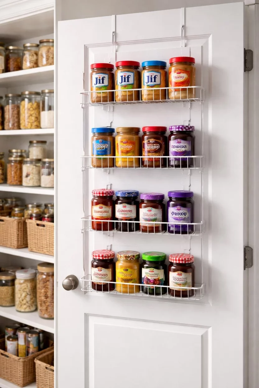 A realistic photo of a kitchen pantry door with a white wire over the door rack holding jars of peanut butter and jam.