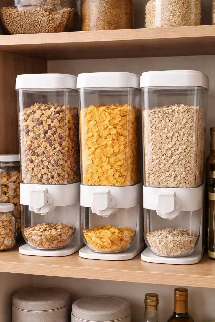 A realistic photo of a kitchen pantry shelf featuring three white and clear plastic cereal dispensers filled with different grains.