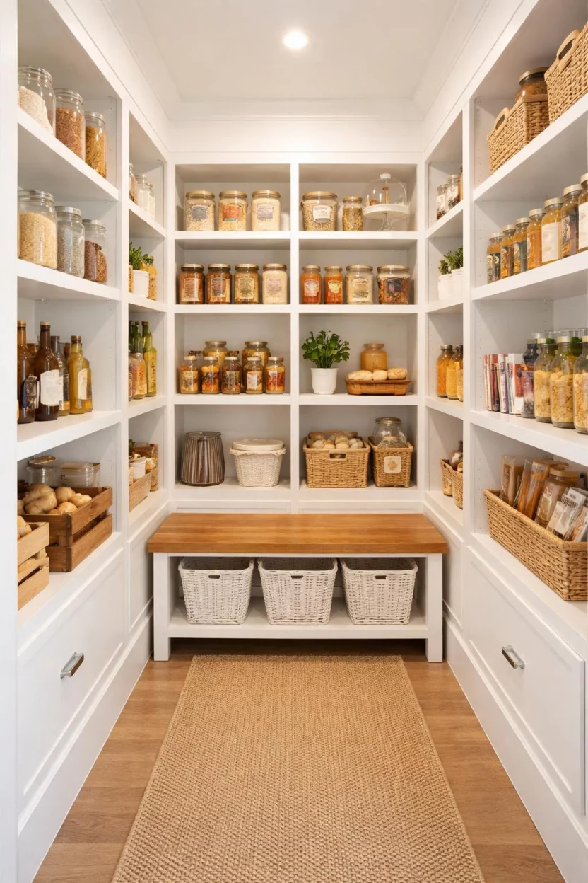 A realistic photo of a walk in kitchen pantry with a small wooden bench featuring white wicker baskets tucked underneath.