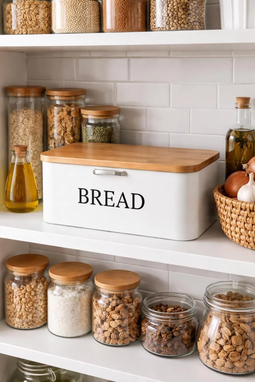 A realistic photo of a kitchen pantry shelf with a white metal farmhouse style bread box featuring a wooden lid.