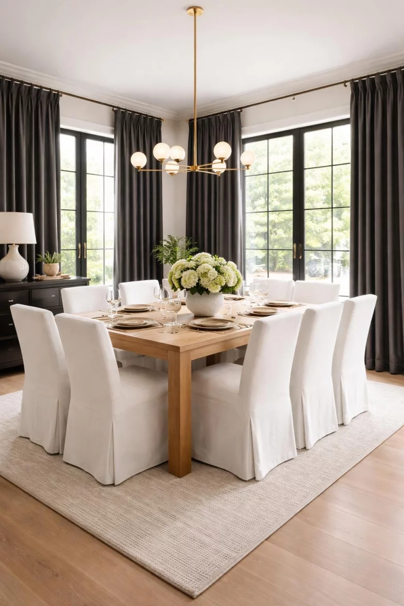 A realistic photo of a luxury dining room with heavy charcoal grey velvet curtains hanging from the ceiling to the floor, large windows, a light oak table, and white slipcovered chairs.