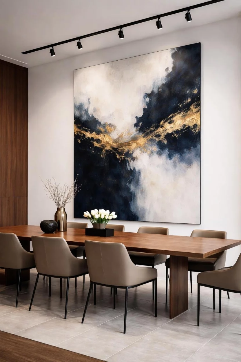 A realistic photo of a luxury dining room with a 6 foot tall abstract navy and gold oil painting on a white wall, minimalist black track lighting, a long walnut table, and low profile leather chairs.