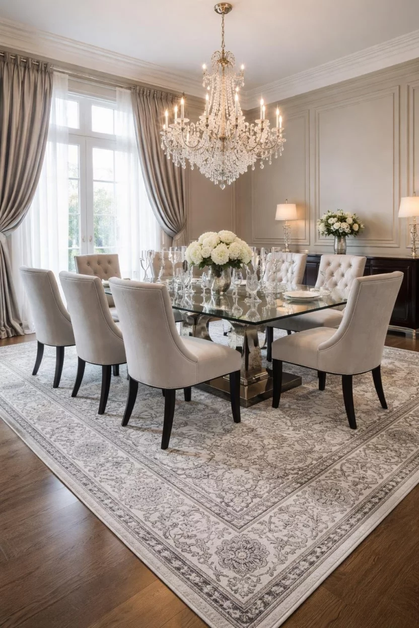 A realistic photo of a luxury dining room featuring a large shimmering silver silk rug with an intricate Persian pattern, a heavy glass dining table, silver silk curtains, and soft grey walls with decorative molding.