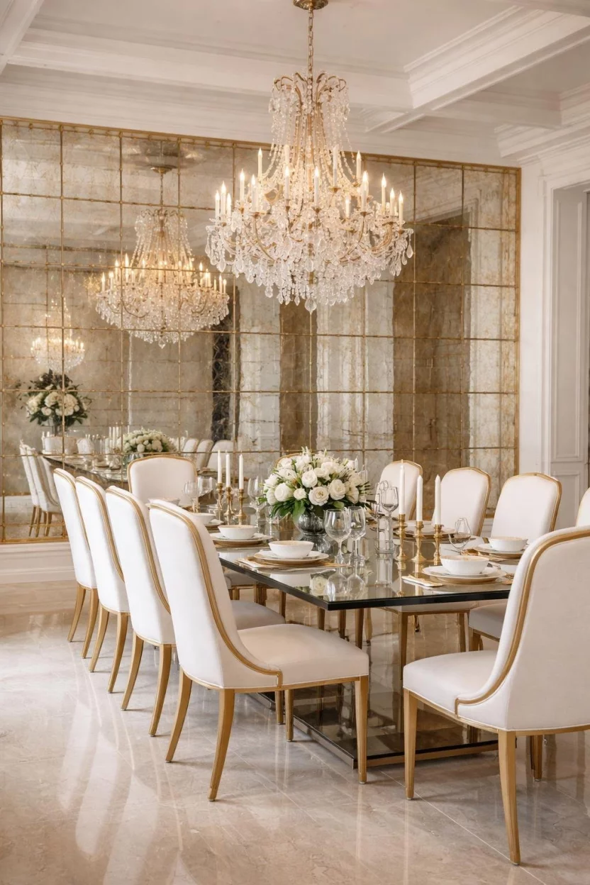A realistic photo of a luxury dining room with a wall made of antique mirrored tiles with gold trim, reflecting a large crystal chandelier and a long glass table with white chairs.