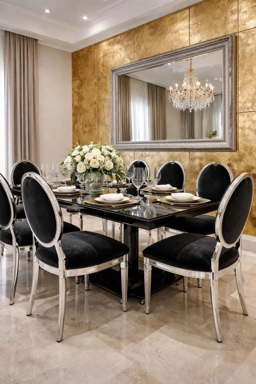 A realistic photo of a luxury dining room featuring a wall covered in textured gold leaf panels, a black glass dining table, chrome dining chairs, and a large mirror with a silver frame.