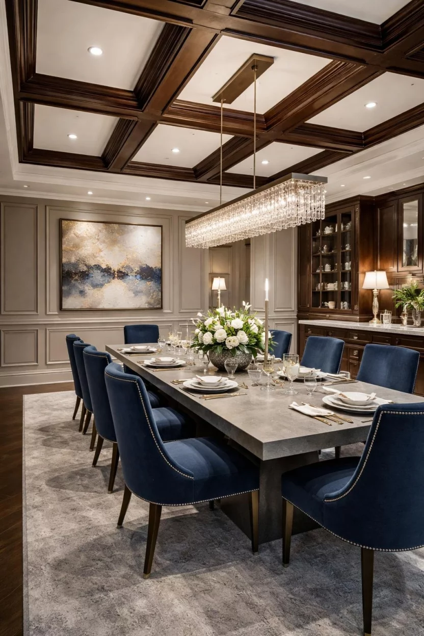 A realistic photo of a luxury dining room with a deep coffered ceiling featuring dark wood beams and white inset panels, a crystal linear chandelier, a long grey stone table, and navy upholstered chairs.