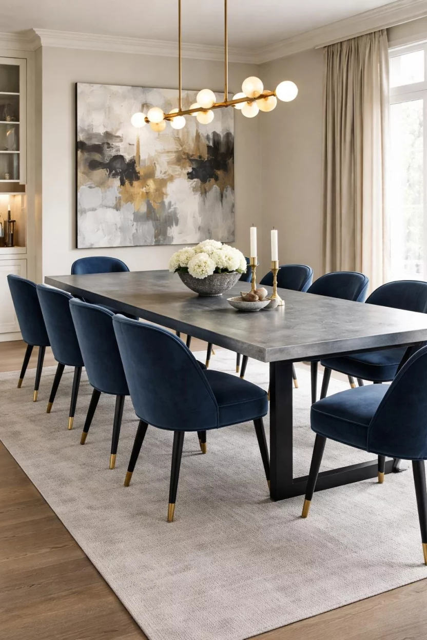 A realistic photo of a luxury dining room featuring a long zinc topped dining table with a grey patina, matte black metal legs, blue velvet chairs, and a large abstract painting.