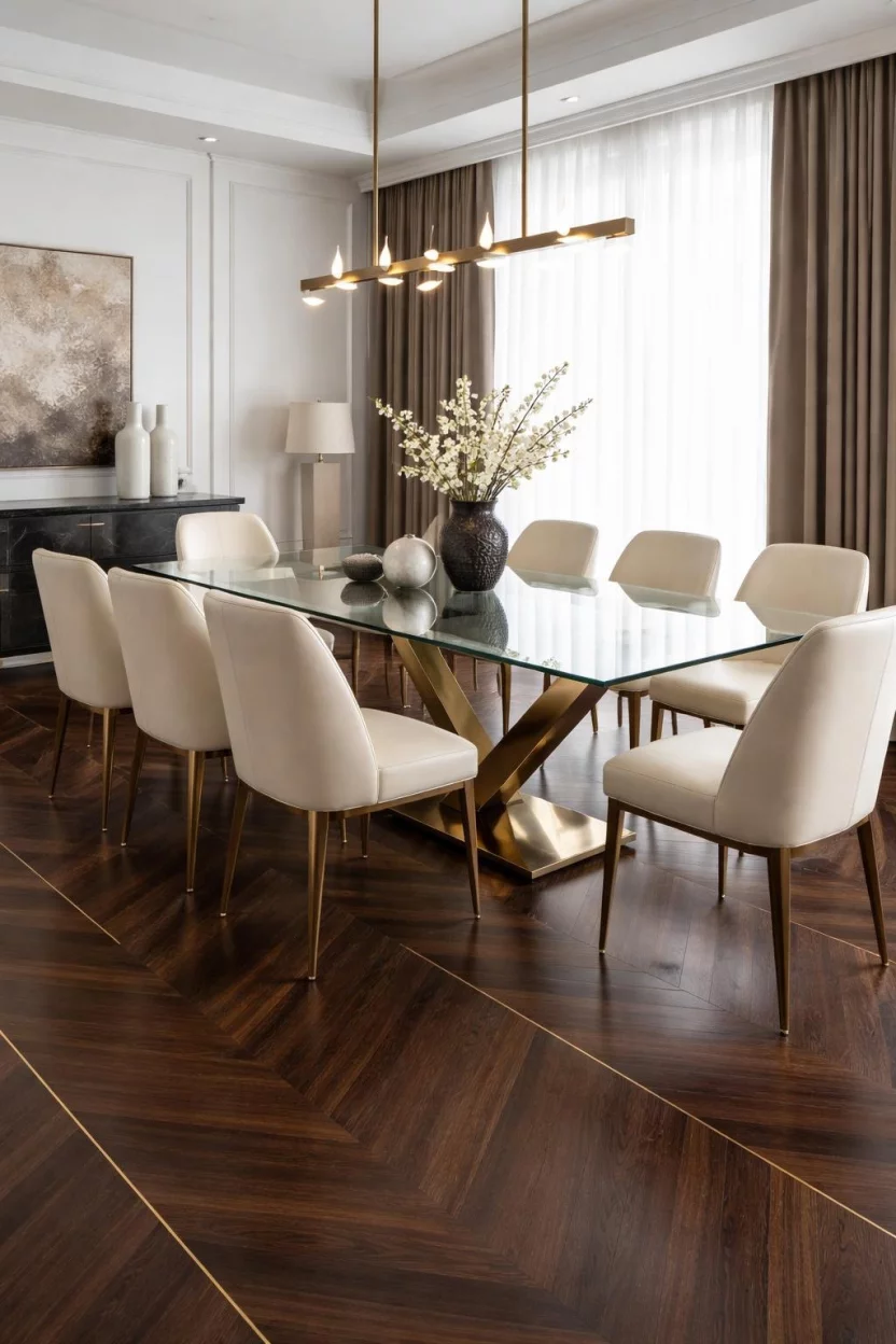 A realistic photo of a luxury dining room with dark wood herringbone floors featuring thin brass metal inlays, a minimalist glass table, and cream leather chairs.