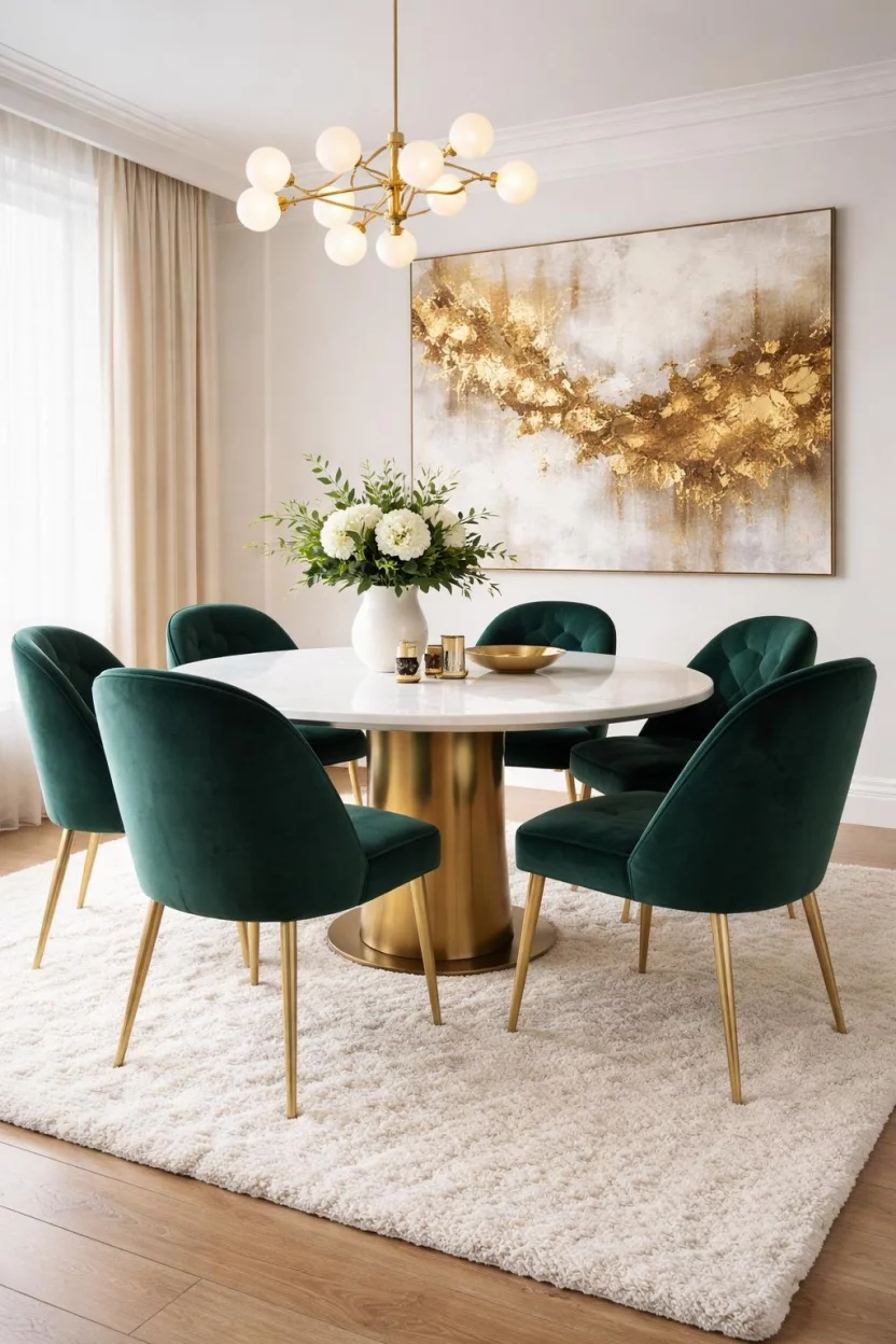 A realistic photo of a luxury dining room showcasing emerald green velvet dining chairs with gold legs, a round white marble table, a large abstract gold painting on the wall, and a thick cream wool rug under the furniture.
