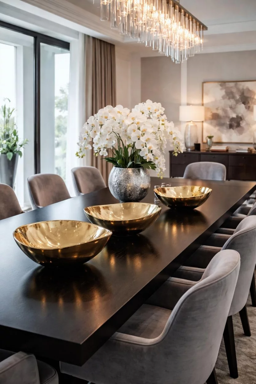A realistic photo of a luxury dining room with a long black table featuring a set of three large polished brass sculptural bowls, white orchids in a silver vase, and grey velvet chairs.