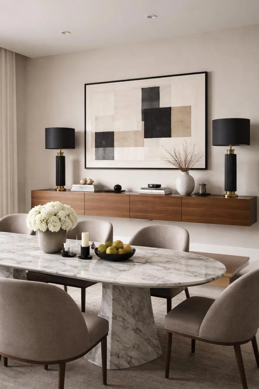 A realistic photo of a luxury dining room with a long walnut floating sideboard mounted to the wall, a pair of tall black table lamps, a low marble dining table, and minimalist artwork above.