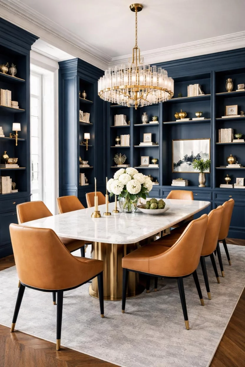 A realistic photo of a luxury dining room with floor to ceiling navy blue built in bookshelves, gold accent hardware, a white marble table, and tan leather chairs.