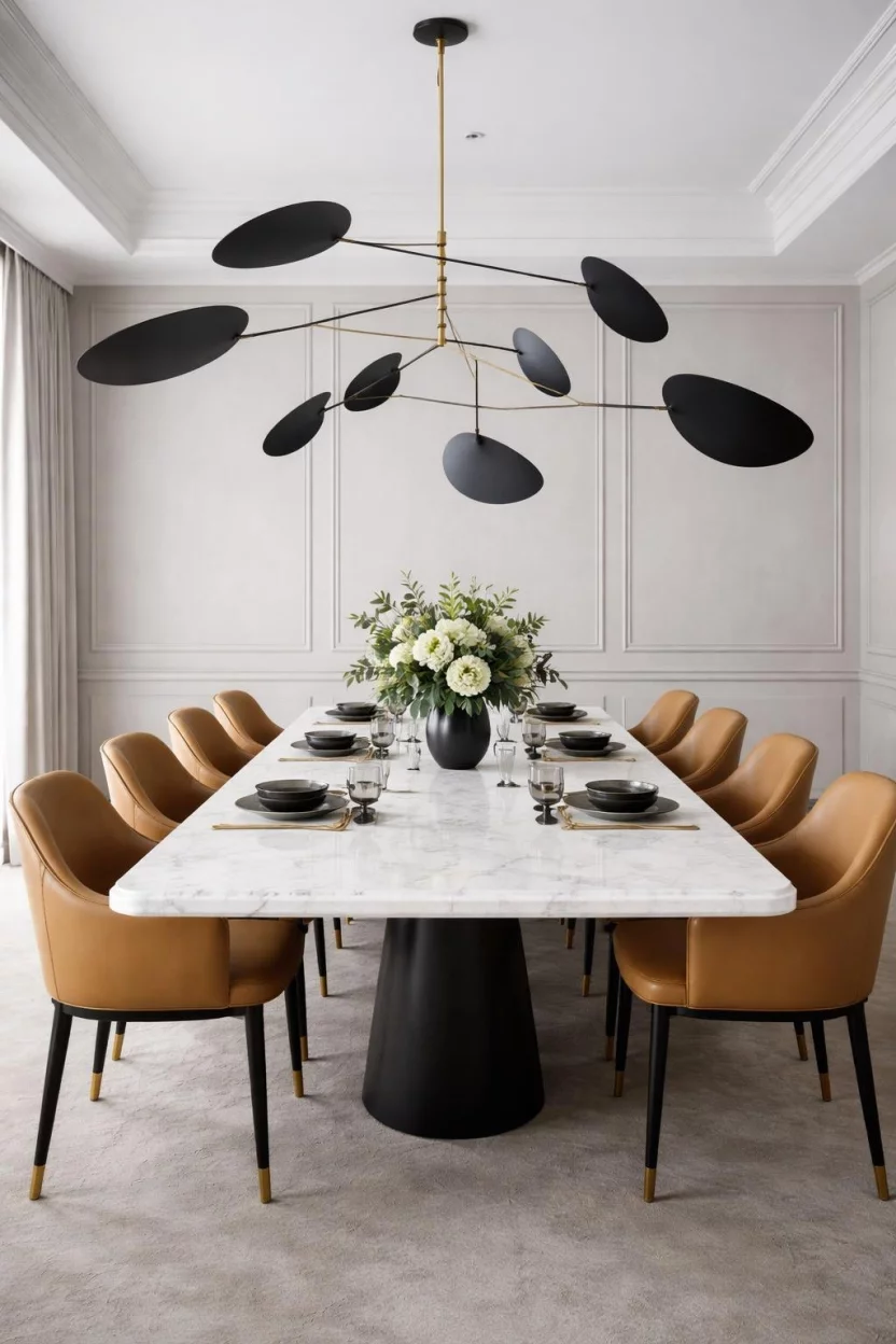 A realistic photo of a luxury dining room with a large black mobile style sculptural chandelier, a long white marble table, tan leather chairs, and light grey walls.