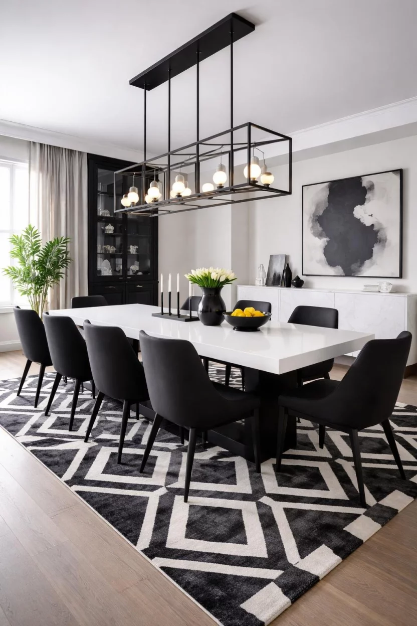 A realistic photo of a luxury dining room with a stark white table, matte black chairs, a black and white geometric rug, and a large black metal light fixture.