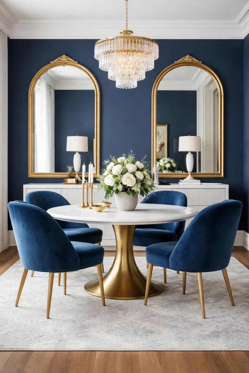 A realistic photo of a luxury dining room with two large identical gold framed arched mirrors on a navy wall, a round white table, and four blue velvet chairs.