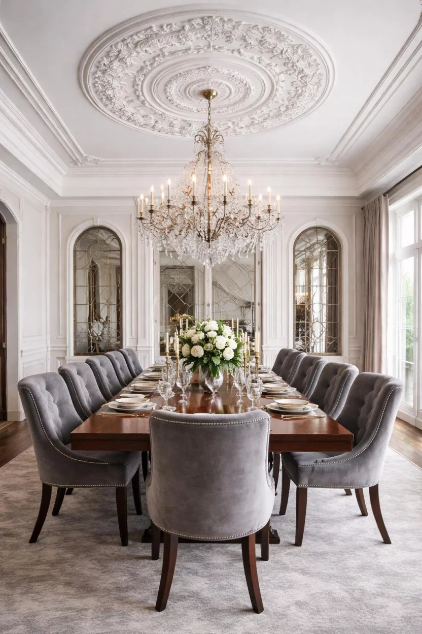 A realistic photo of a luxury dining room with a large ornate white ceiling medallion above a crystal chandelier, a long walnut table, and grey velvet chairs.