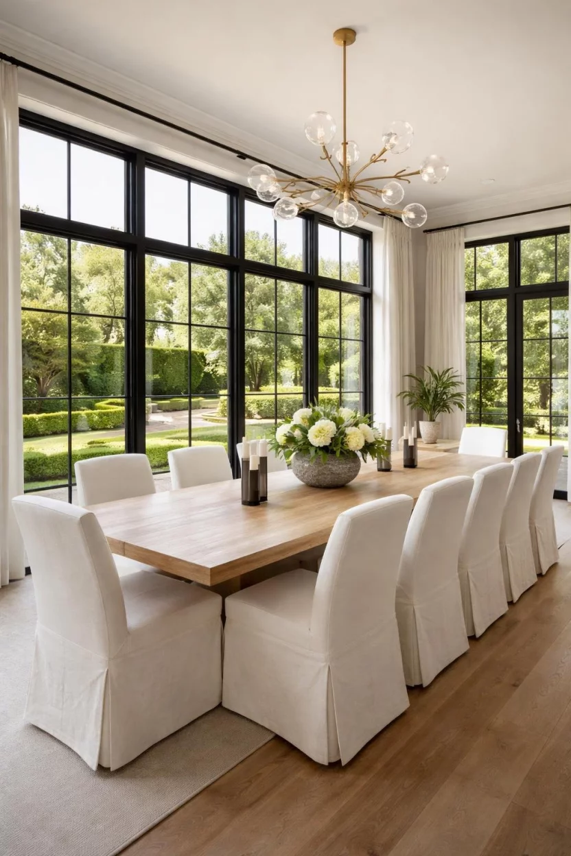 A realistic photo of a luxury dining room with massive floor to ceiling black framed windows looking out over a garden, a long light oak table, and white linen chairs.