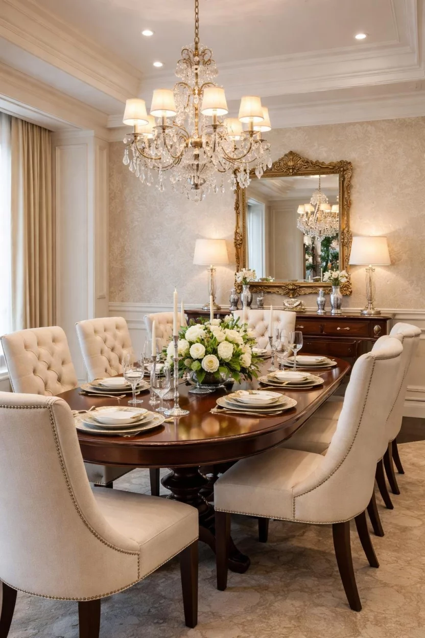 A realistic photo of a luxury dining room with light champagne silk wallpaper featuring a faint floral pattern, a dark mahogany table, and cream upholstered chairs with tufted backs.