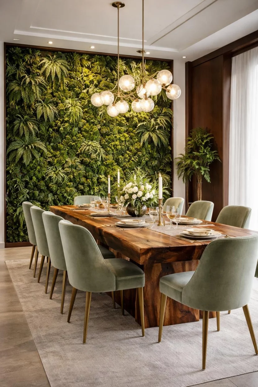 A realistic photo of a luxury dining room with a vertical indoor garden wall featuring lush ferns and moss, a natural wood slab dining table, and soft green upholstered chairs.