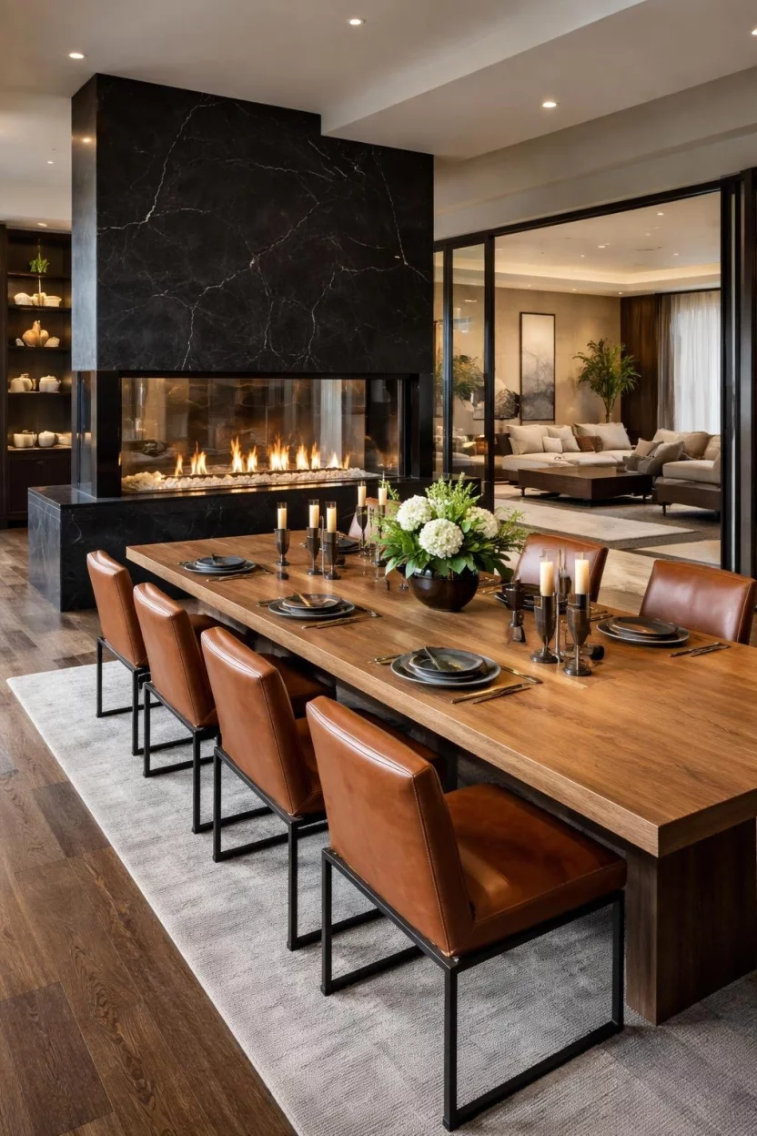 A realistic photo of a luxury dining room separated from a living room by a large double sided glass fireplace with a black stone surround, a long oak table, and leather chairs.