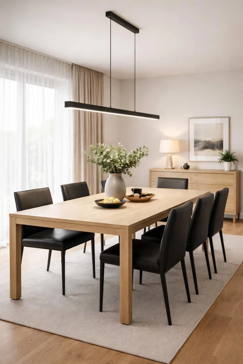 A realistic photo of a modern dining room with a low height light oak dining table, low back black leather chairs, and a simple black linear pendant light.