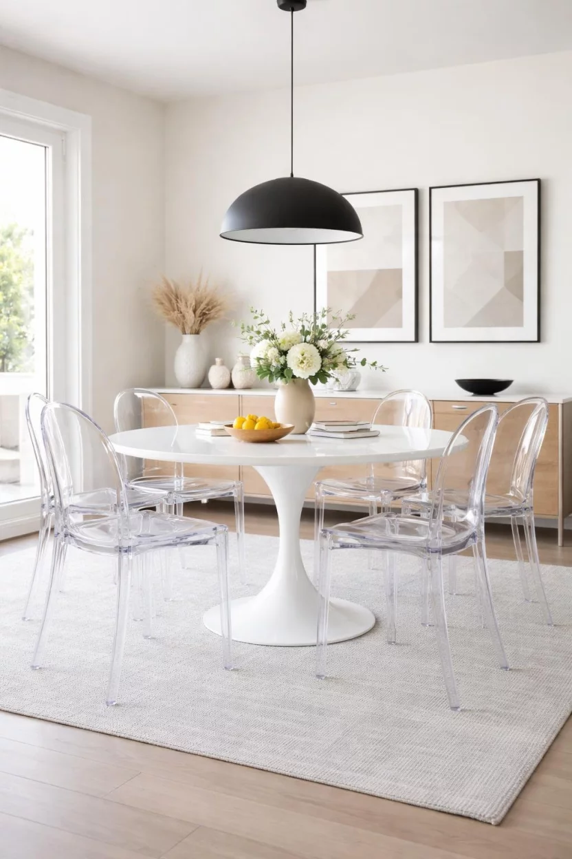 A realistic photo of a modern dining room with a white tulip table surrounded by clear acrylic ghost chairs on a light grey rug, under a minimalist black pendant light.