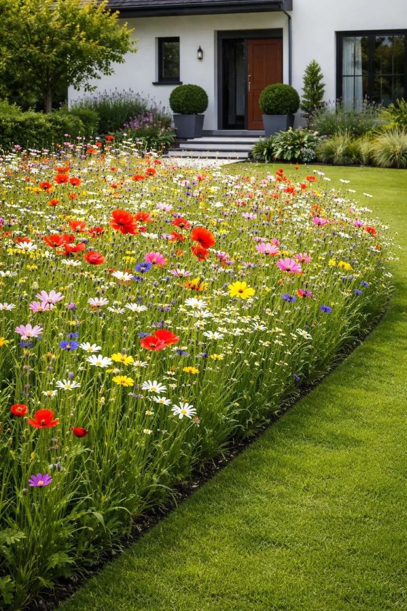 A realistic photo of a modern front garden featuring a dense and tall meadow of colorful wildflowers like poppies and daisies with a clean mown edge.