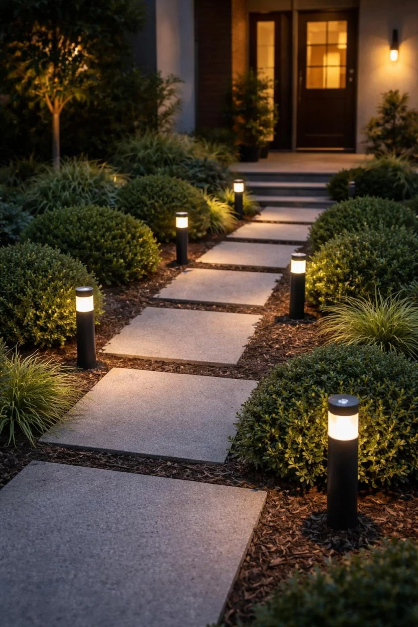 A realistic photo of a modern front garden at dusk with small minimalist solar bollard lights illuminating a stone path through dark green shrubs.