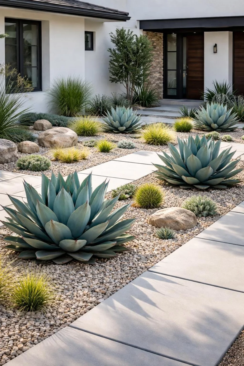A realistic photo of a modern front garden featuring a desert-inspired rock garden with large blue agaves and small pebble mulch in a clean geometric pattern.