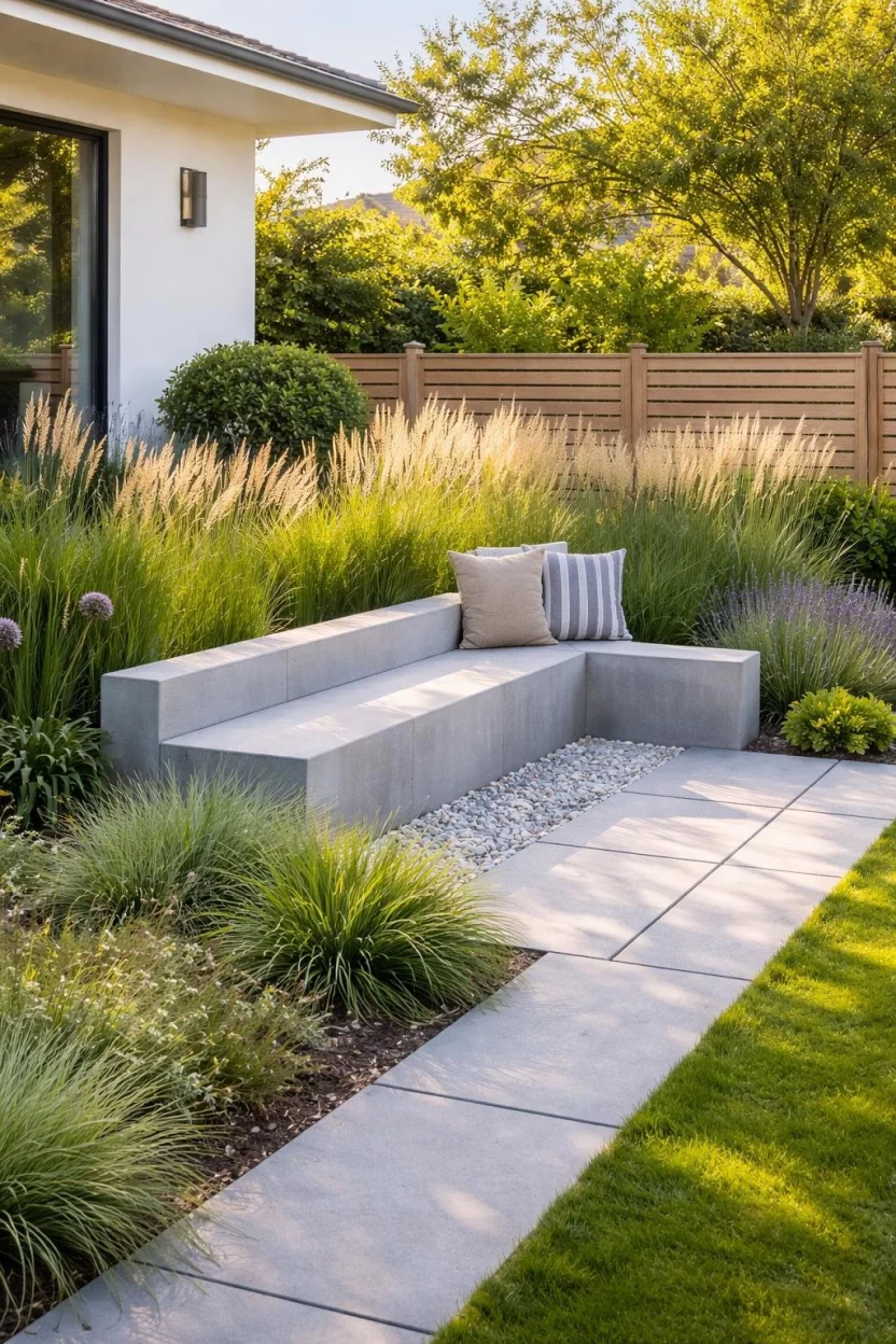 A realistic photo of a modern front garden with a built-in concrete bench surrounded by tall grasses and a low wooden fence.