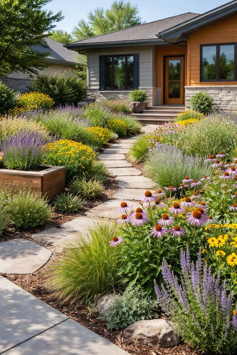 A realistic photo of a modern front garden filled with local wildflowers, purple coneflowers, and native shrubs designed to look like a curated meadow with sustainable wooden accents.