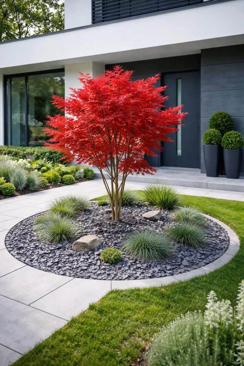 A realistic photo of a modern front garden featuring a single red Japanese maple tree as a focal point in a circular bed of grey slate chips.