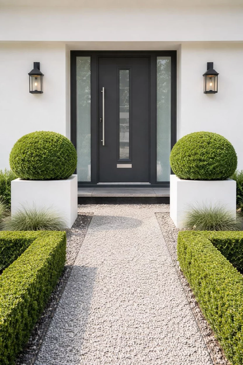 A realistic photo of a modern front garden with symmetrical boxwood spheres in white square planters flanking a dark grey front door with a gravel path.