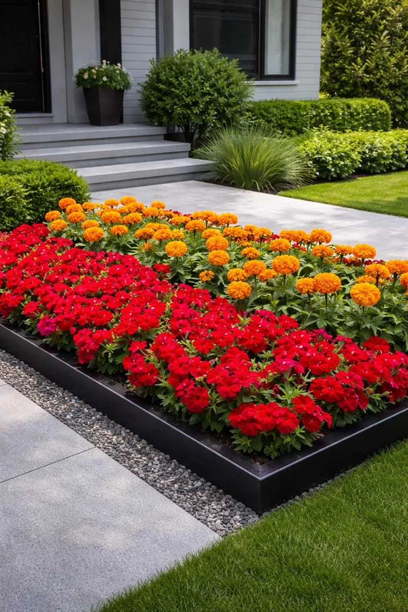 A realistic photo of a modern front garden displaying a high-contrast flower bed of bright red petunias and orange marigolds framed by a sleek black metal edge.