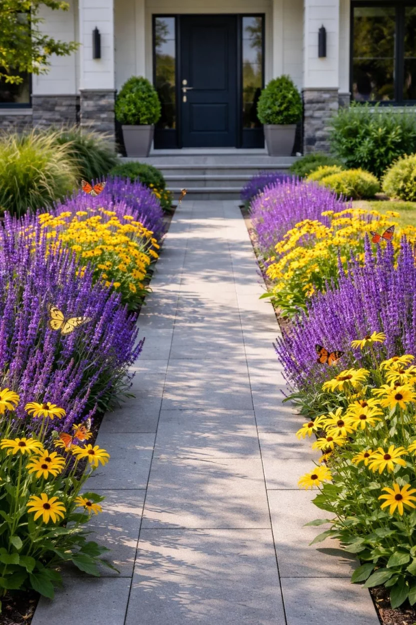 A realistic photo of a modern front garden highlighting a walkway lined with vibrant purple salvia and bright yellow black-eyed Susans humming with activity from butterflies.