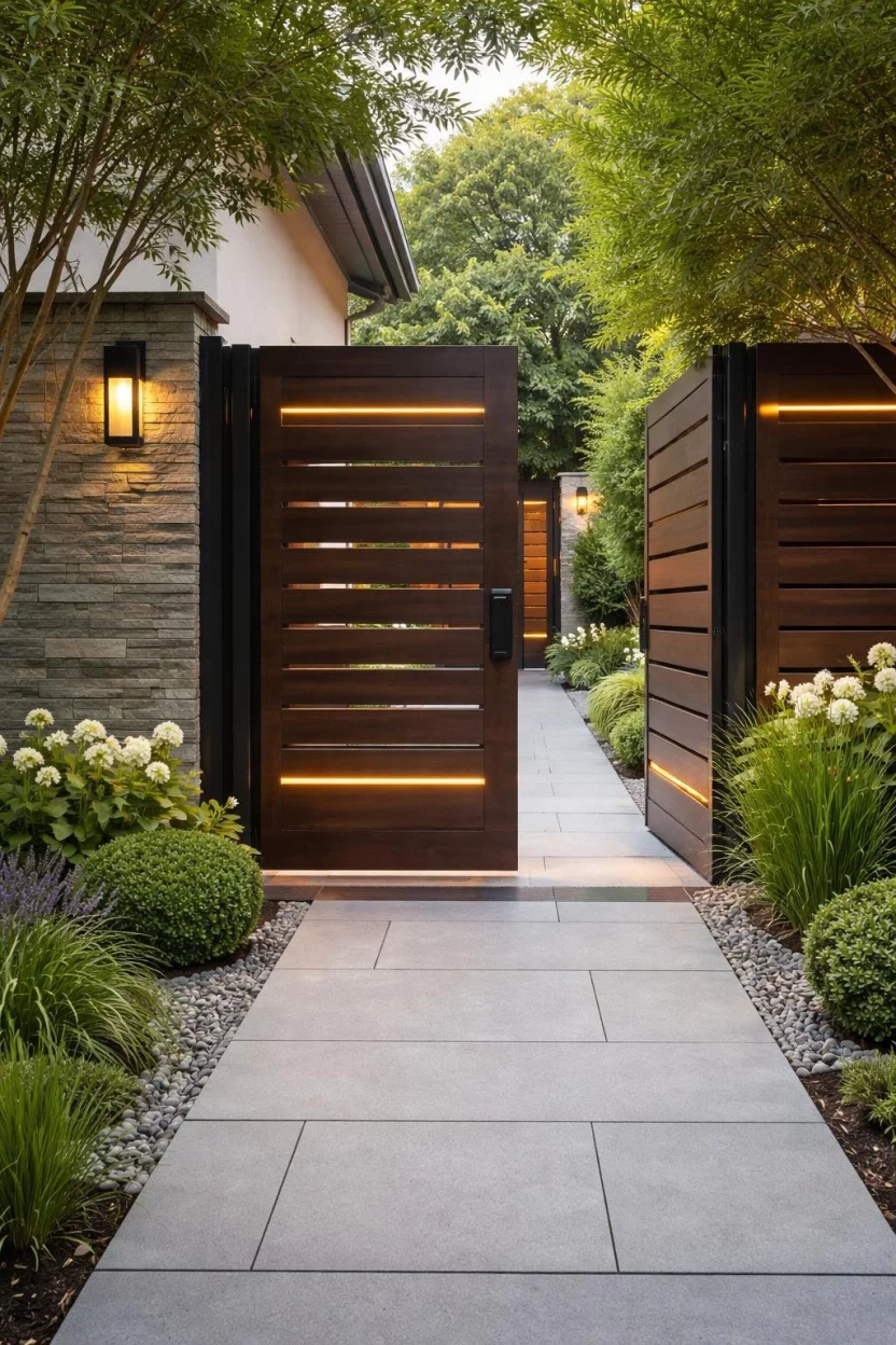 A realistic photo of a modern front garden showing a custom dark wood gate with horizontal slats and integrated warm LED lighting leading into a private courtyard.