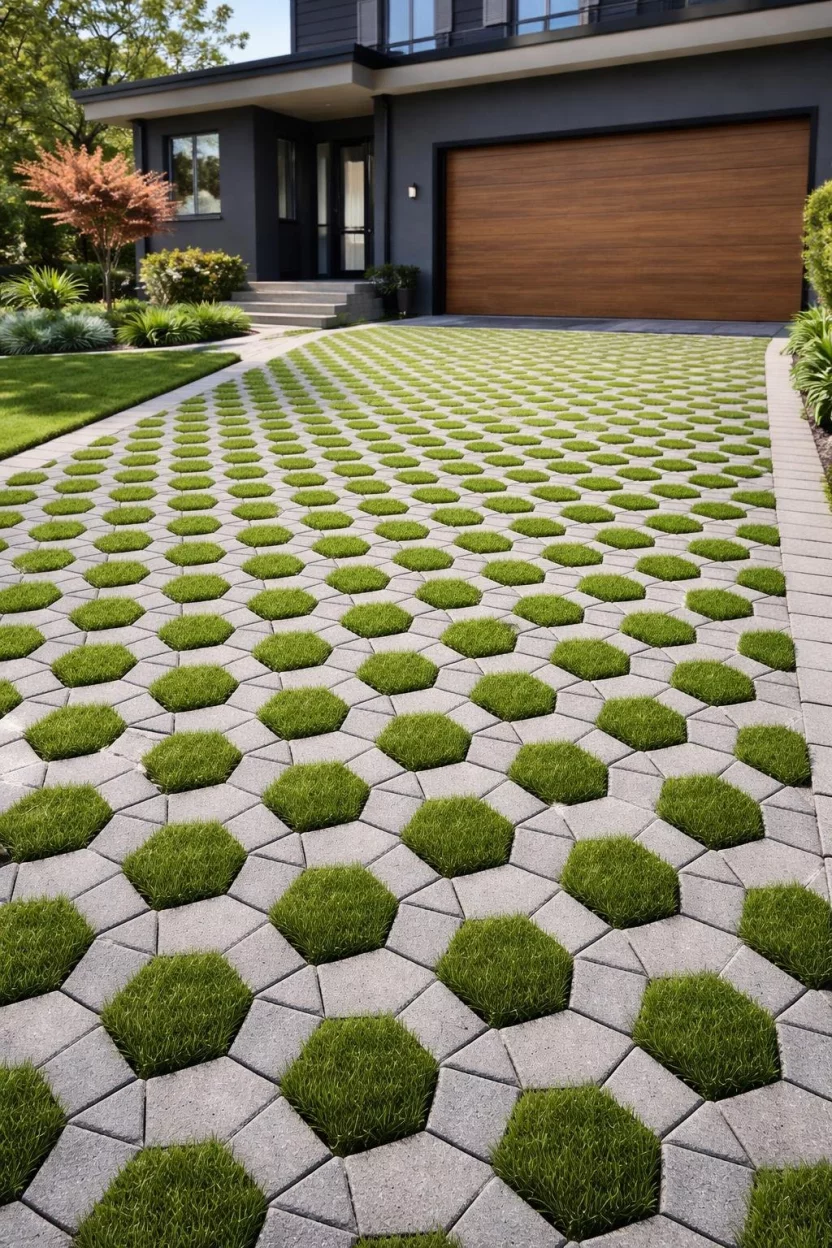 A realistic photo of a modern front drive with grey permeable pavers allowing green grass to grow through the hexagonal gaps.