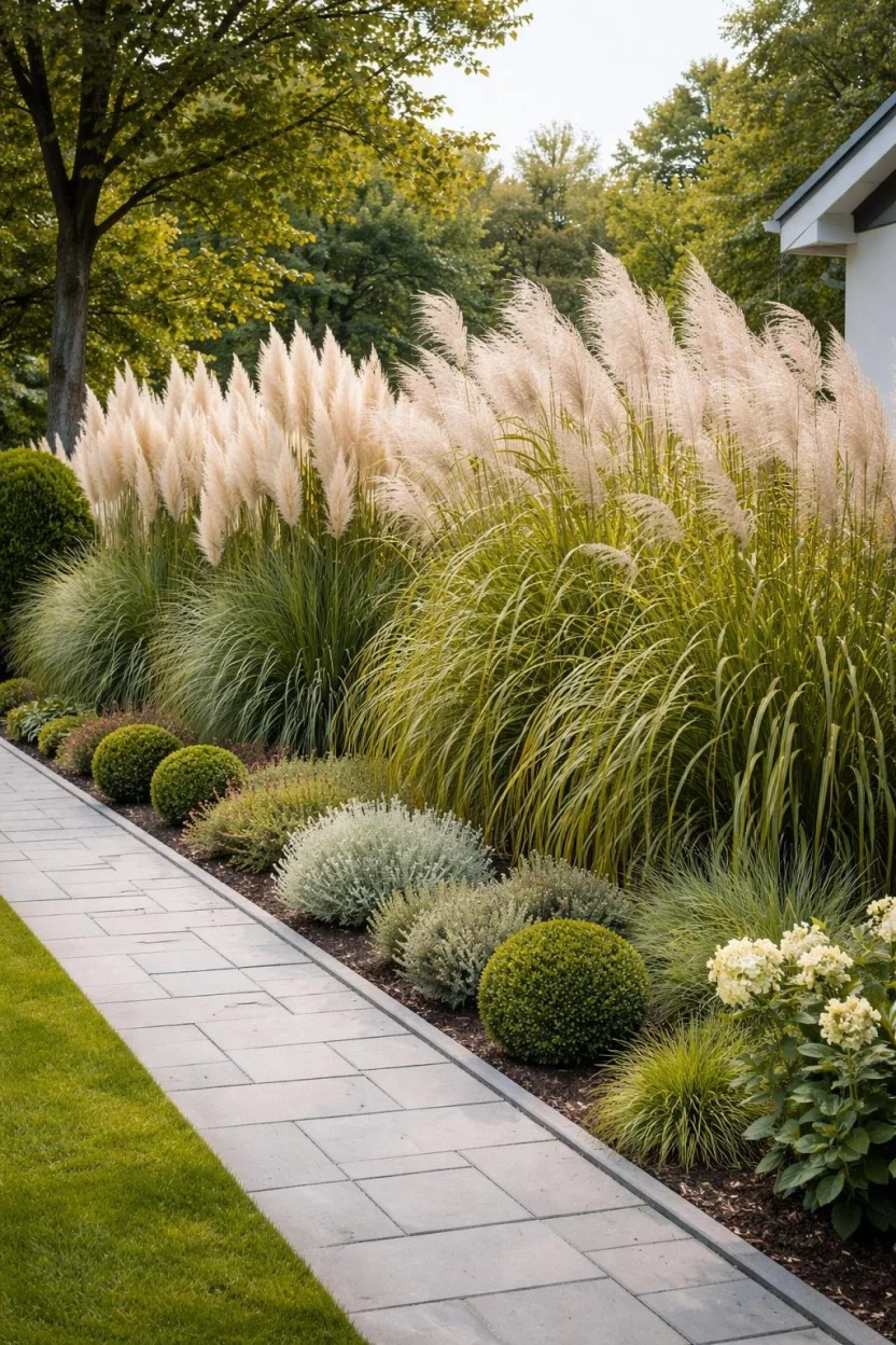 A realistic photo of a modern front garden featuring a row of tall feathery pampas grass and miscanthus acting as a soft natural privacy screen along a property line.