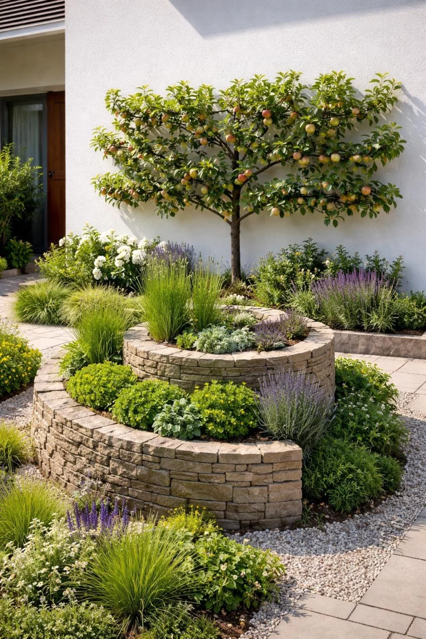 A realistic photo of a modern front garden featuring a neat herb spiral made of stone and a small espaliered apple tree growing against a sunny wall.